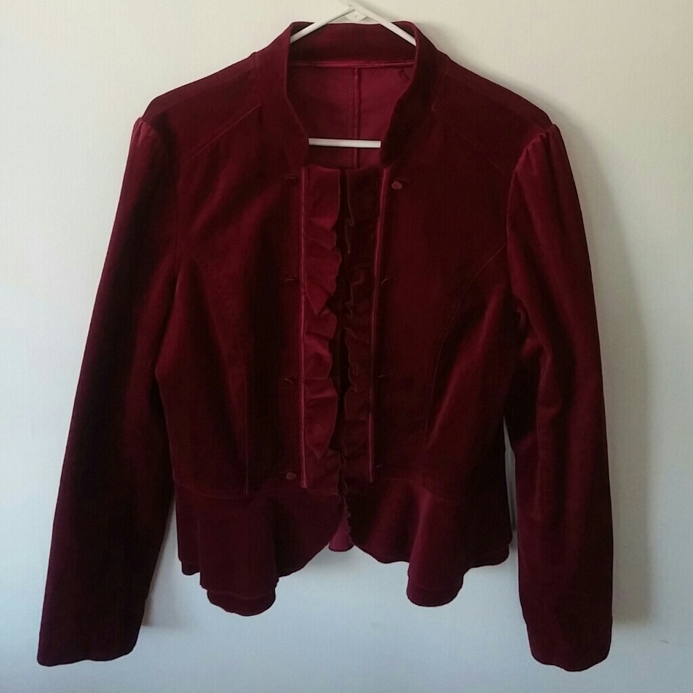 White House Black Market red ruffle velvet jacket